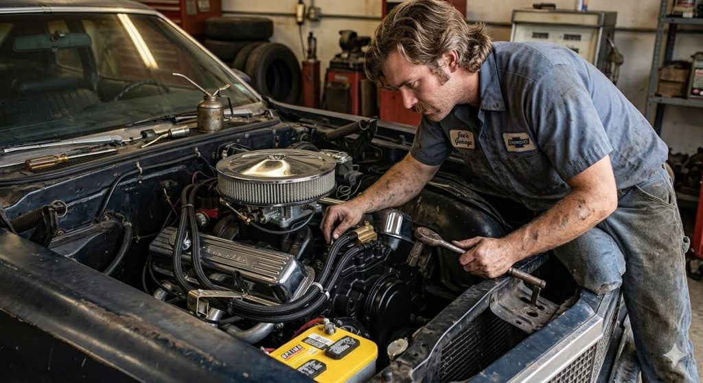 Mécano penché sur le moteur V8 d'une Nova.
