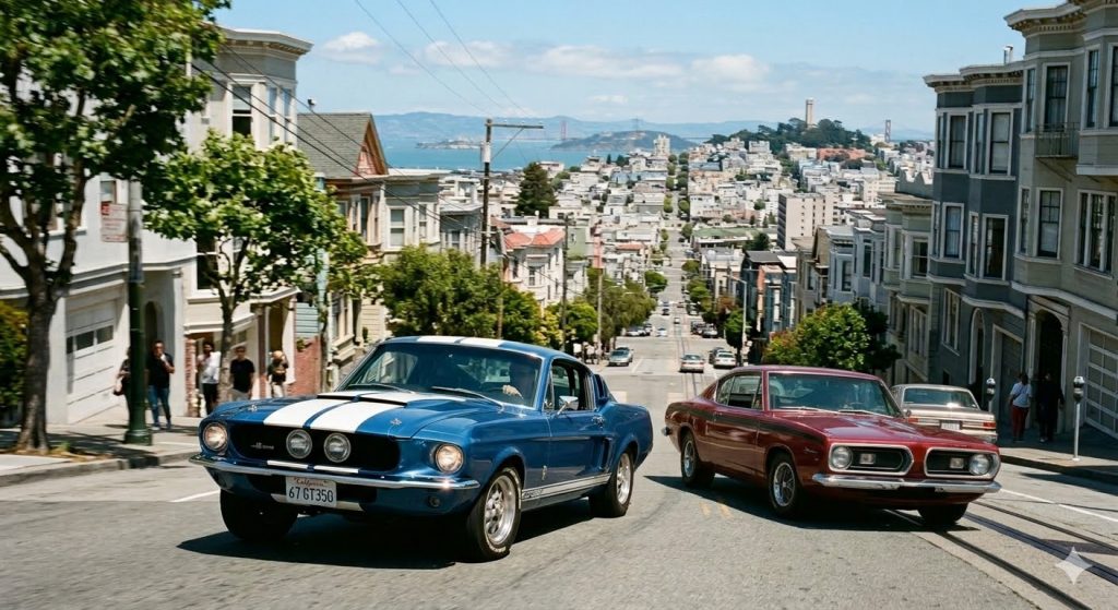 Shelby GT350 de 1967 qui descend les rues en pente de San !Francisco en compagnie d'une Plymouth Barracuda. 