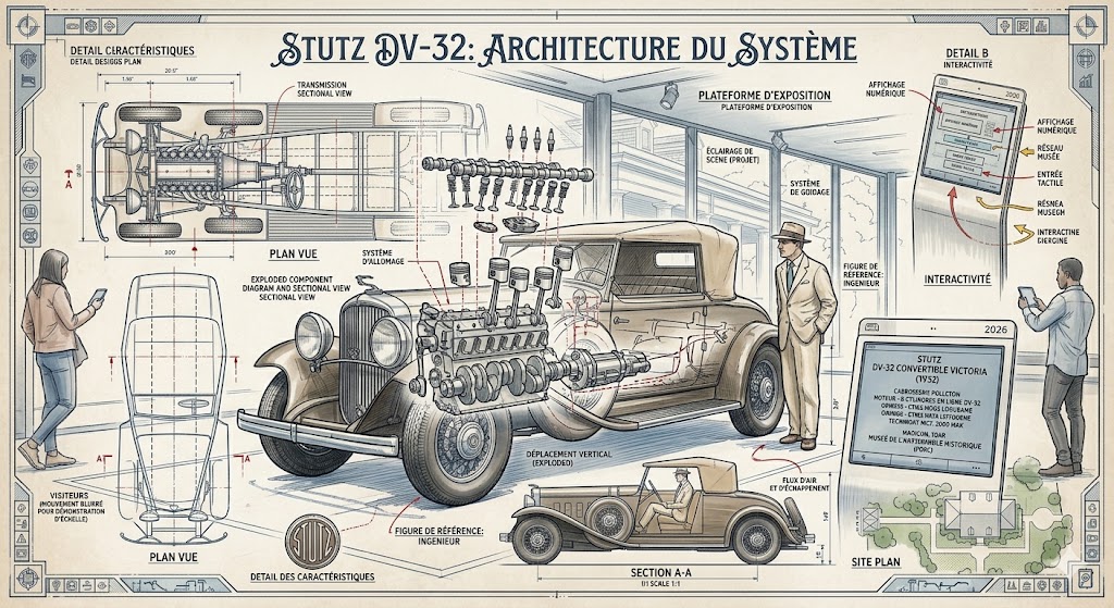 Le cœur de la Stutz DV-32 est son moteur légendaire à huit cylindres en ligne en fonte d'une cylindrée de 322 pouces cubes, soit environ 5,3 litres. Ce bloc d'avant-garde se caractérise par une culasse en aluminium à double arbre à cames en tête (DOHC) actionnant quatre soupapes par cylindre, totalisant 32 soupapes (d'où l'appellation DV-32).