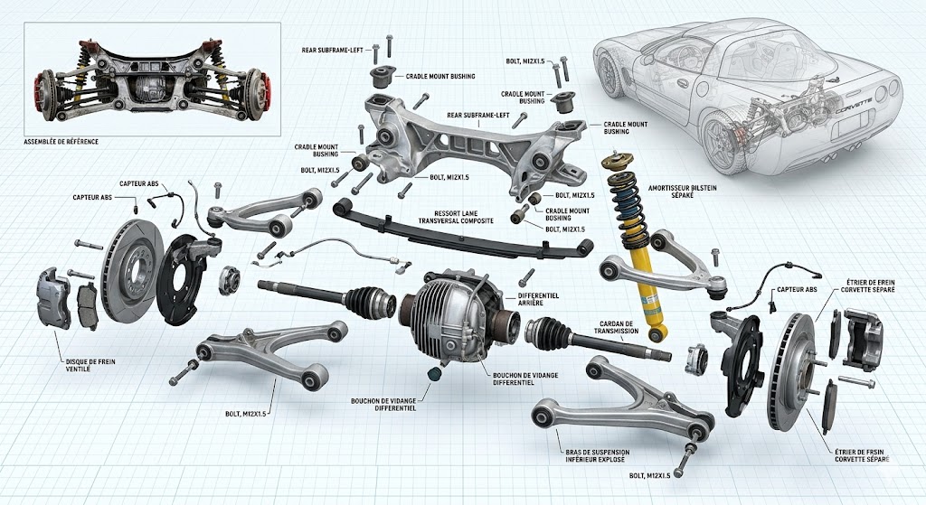 L'essieu arrière transmet la puissance rotative de l'arbre de transmission aux roues motrices tout en permettant une différence de vitesse entre la roue gauche et la roue droite en virage. 